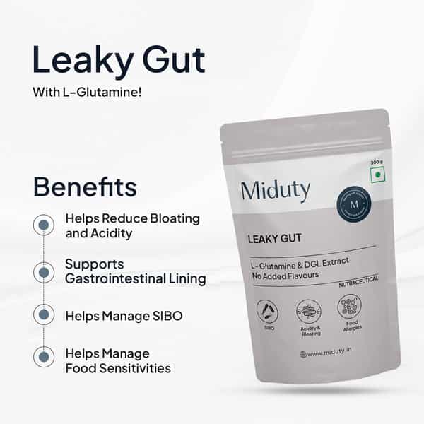 Miduty Leaky Gut Support - L-Glutamine - Acidity - Bloating - Digestion - Probiotic - 300G