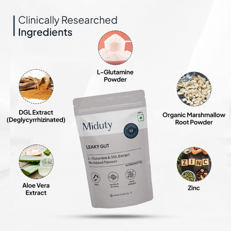 Miduty Leaky Gut Support - L-Glutamine - Acidity - Bloating - Digestion - Probiotic - 300g