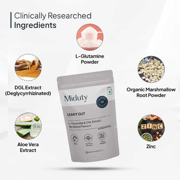 Miduty Leaky Gut Support - L-Glutamine - Acidity - Bloating - Digestion - Probiotic - 300G