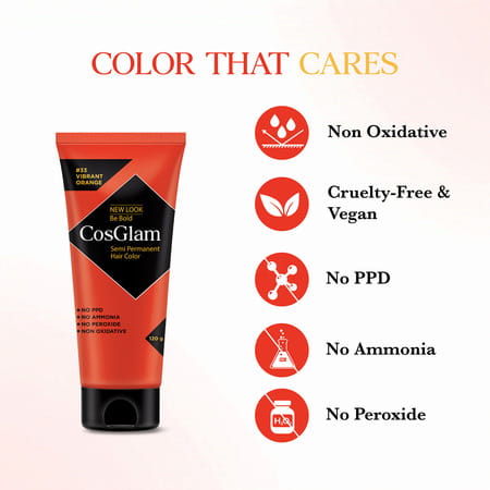 Cosglam Semi Permanent Hair Color | No Peroxide | Ammonia Free Hair Colour 33 Vibrant Orange - 120Gm