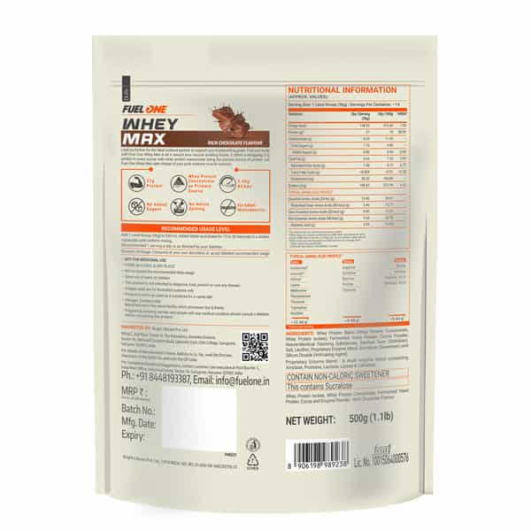 Fuelone Whey Max Protein Blend (Rich Chocolate | 500G) | 27G Protein Per Scoop