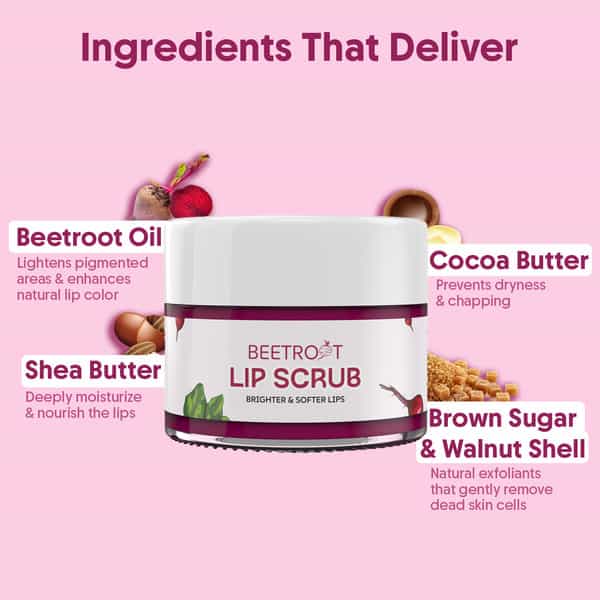 Aravi Organic Beetroot Lip Lightening Scrub - Exfoliates | Brightens & Hydrates Lips - 15Gm