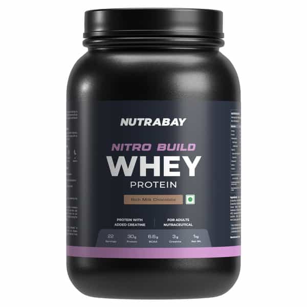 Nutrabay Pro Nitro Build Whey Protein - 1Kg | Rich Milk Chocolate - 22 Servings | For Men And Women