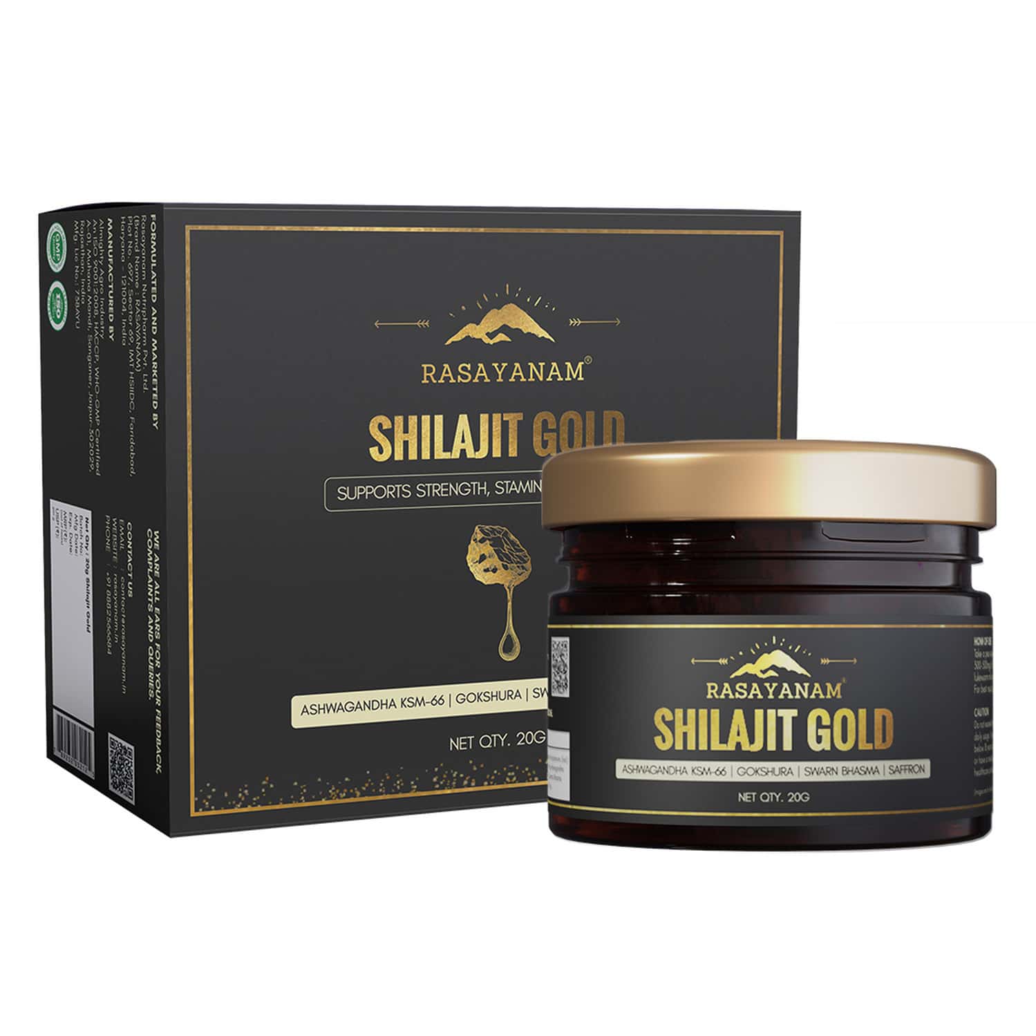 Rasayanam Shilajit Gold Resin|75% Fulvic Acid + Ksm - 66 For Strength & Recovery| 20g Pack Of 1