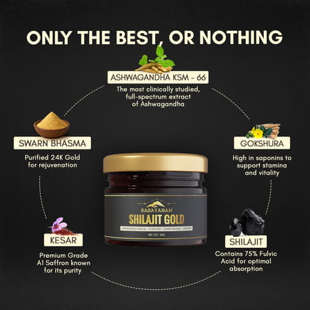 Rasayanam Shilajit Gold Resin|75% Fulvic Acid + Ksm - 66 For Strength & Recovery| 20g Pack Of 1