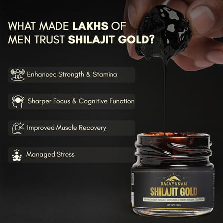 Rasayanam Shilajit Gold Resin|75% Fulvic Acid + Ksm - 66 For Strength & Recovery| 20g Pack Of 1