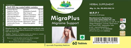 Grazing Meadows Migraplus 60 Tablets - Ayurvedic Herbal Supplement For Migraine Support