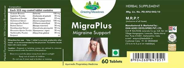 Grazing Meadows Migraplus 60 Tablets - Ayurvedic Herbal Supplement For Migraine Support