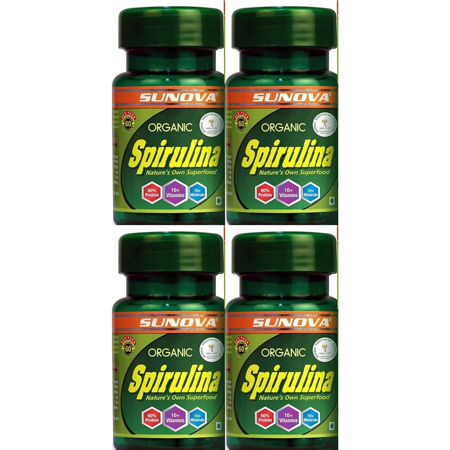 Sunova Organic Spirulina Capsules - Spirulina For Full Body Support | 60 Capsules X Pack Of 4