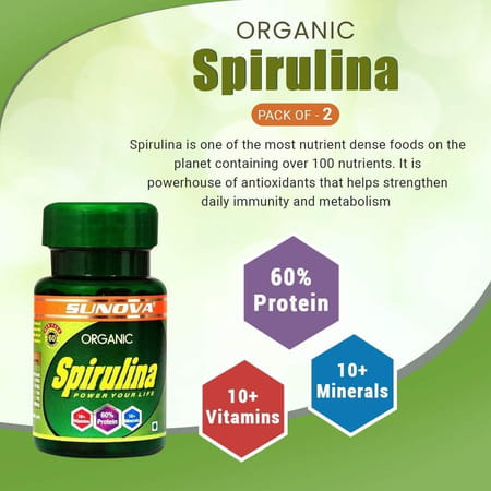 Sunova Organic Spirulina Capsules - Spirulina For Full Body Support | 60 Capsules X Pack Of 4