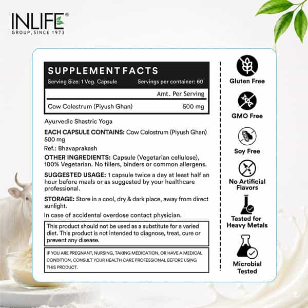 Inlife Cow Colostrum 500Mg Gut Health & Immunity Support - 60 Capsules