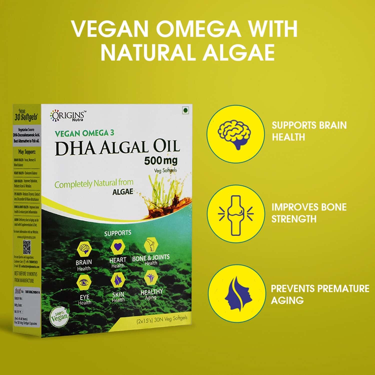 Buy ORIGINS NUTRA VEGAN OMEGA 3 DHA ALGAL OIL NATURAL ALGAL OIL 30