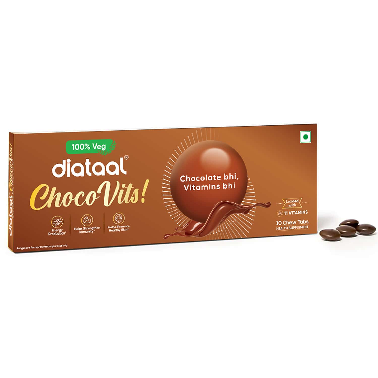 Diataal Chocovits Veg Multivitamin With B-complex For Energy & Immunity Health 10 Chewable Tablets