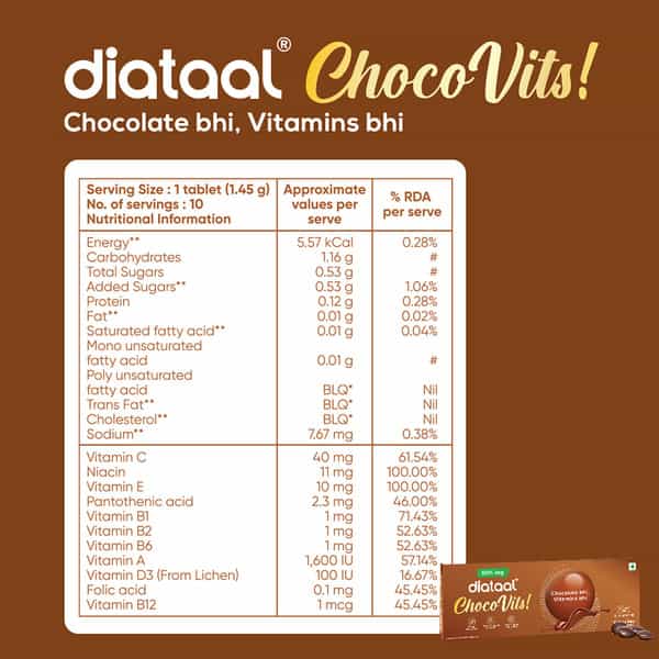 Diataal Chocovits Veg Multivitamin With B-Complex For Energy & Immunity Health 10 Chewable Tablets