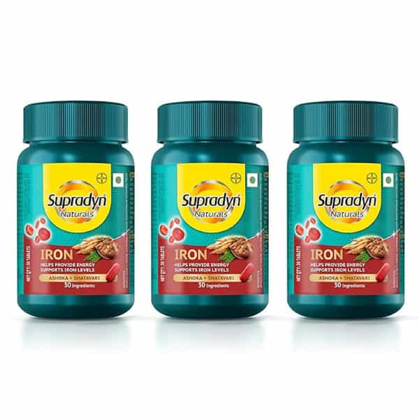 Supradyn Naturals Iron Ashoka + Shatavari Provides Blood Health & Energy Bottle Of 30 Tablets (3Pck)