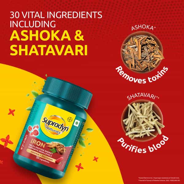 Supradyn Naturals Iron Ashoka + Shatavari Provides Blood Health & Energy Bottle Of 30 Tablets (3Pck)