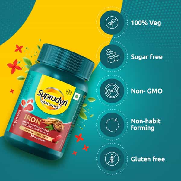 Supradyn Naturals Iron Ashoka + Shatavari Provides Blood Health & Energy Bottle Of 30 Tablets (3Pck)