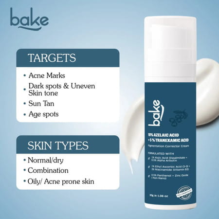 Bake 10% Azelaic Acid & 5% Tranexamic Acid Cream For Dark Spots | Pigmentation & Acne Marks - 30G
