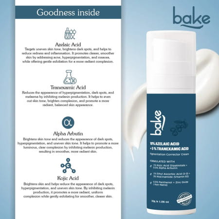 Bake 10% Azelaic Acid & 5% Tranexamic Acid Cream For Dark Spots | Pigmentation & Acne Marks - 30G
