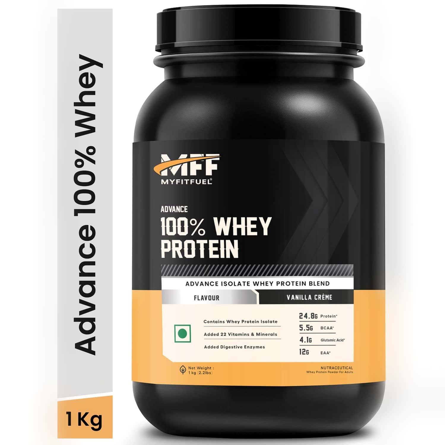 Myfitfuel Advance Mff 100% Whey Protein Powder + Digestive Enzymes & Vitamins (1 Kg | Vanilla Creme)