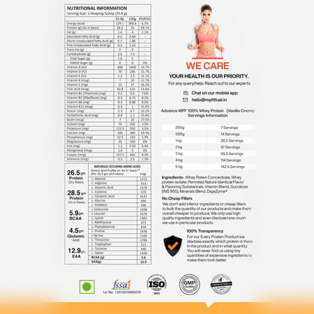 Myfitfuel Advance Mff 100% Whey Protein Powder + Digestive Enzymes & Vitamins (1 Kg | Vanilla Creme)