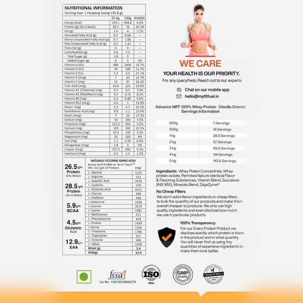 Myfitfuel Advance Mff 100% Whey Protein Powder + Digestive Enzymes & Vitamins (1 Kg | Vanilla Creme)