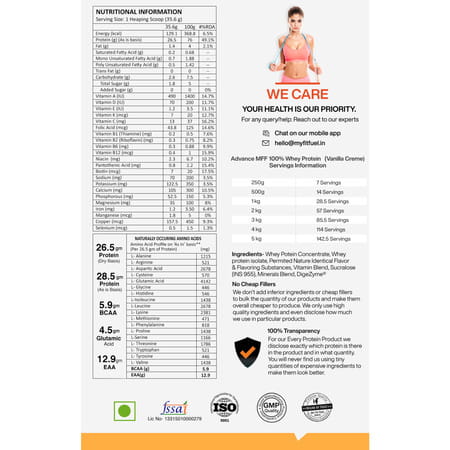 Myfitfuel Advance Mff 100% Whey Protein Powder + Digestive Enzymes & Vitamins (1 Kg | Vanilla Creme)