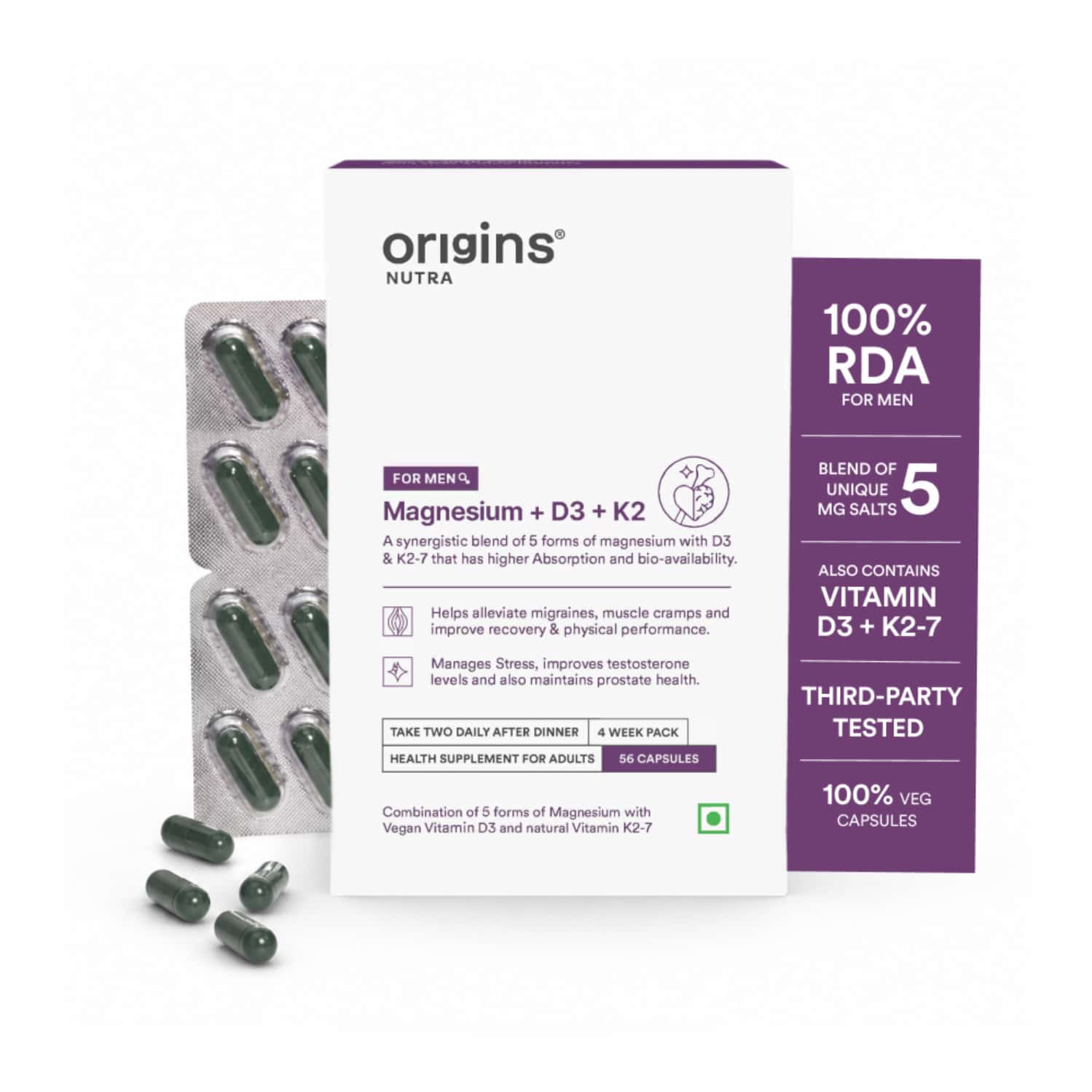 Origins Nutra Magnesium Supplement For Men 5 Magnesium Salts | Vitamin K2-7 56 Veg Capsules