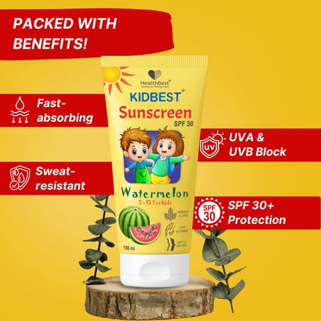 Healthbest Kidbest Sunscreen For Kids|Spf 30 Uva/Uvb|Sensitive Skin|Watermelon Flavor|100ml