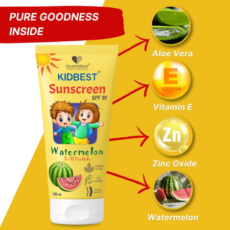 Healthbest Kidbest Sunscreen For Kids|Spf 30 Uva/Uvb|Sensitive Skin|Watermelon Flavor|100ml