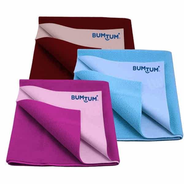 Bumtum Dry Sheet Leakproof Baby Bed Protector (Maroon+Blue+Aquablue Large Size 100*140Cm|Pack Of 3)