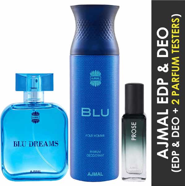 Ajmal Blu Dreams Edp 100Ml Blu Deo 200Ml & Prose Edp 20Ml Pack Of 3 For Unisex + 2 Parfum Testers