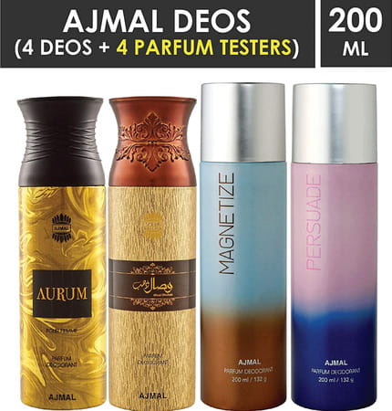Ajmal 1 Aurum For Women 1 Wisal Dhahab For Men 1 Magnetize 1 Persuade Unisex Deodorant Combo Pack 4