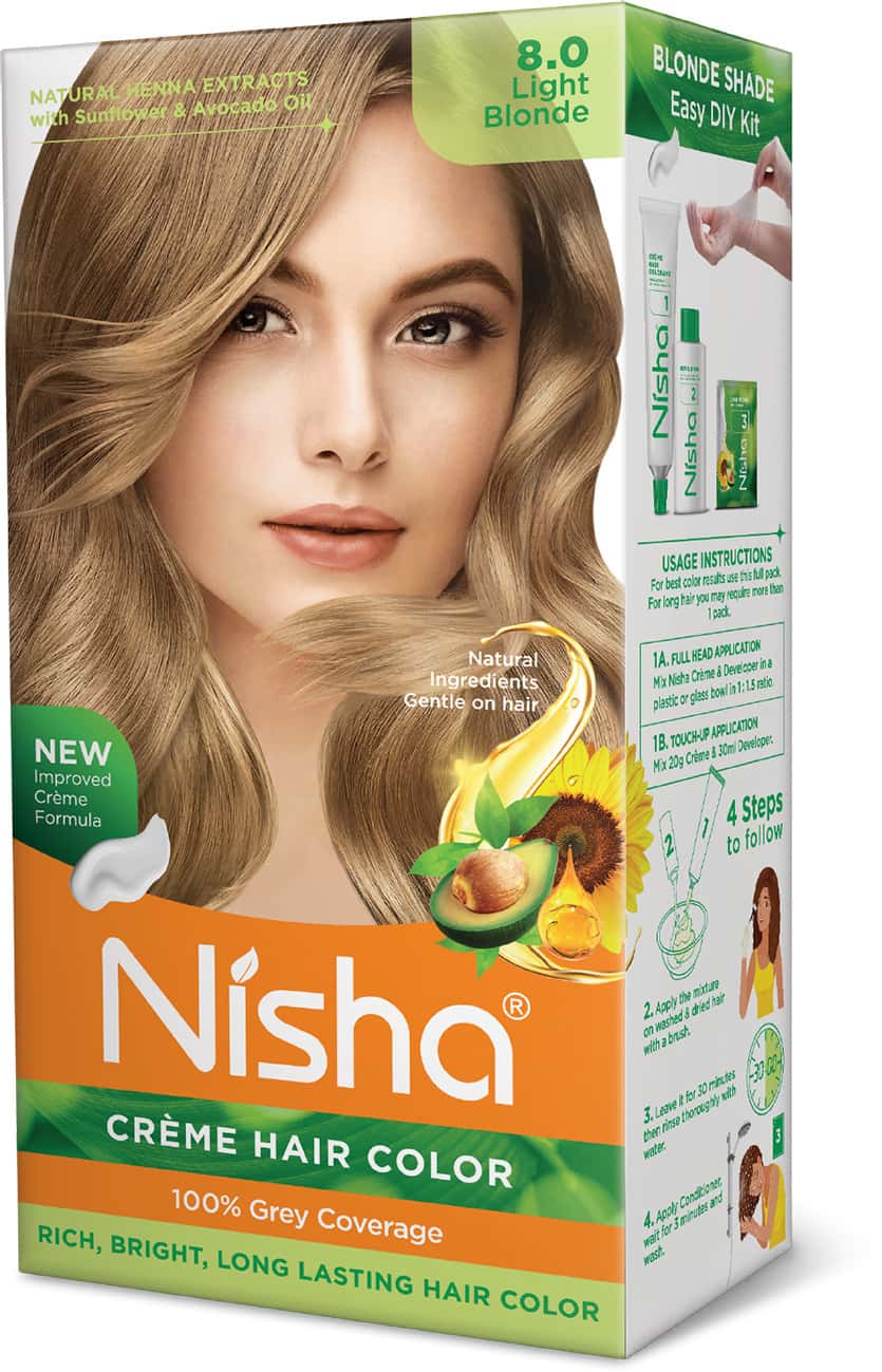 Nisha Creme Hair Color 8.0 Light Blonde (60gm+90ml+18ml) Permanent Hair Colour With Henna Extract