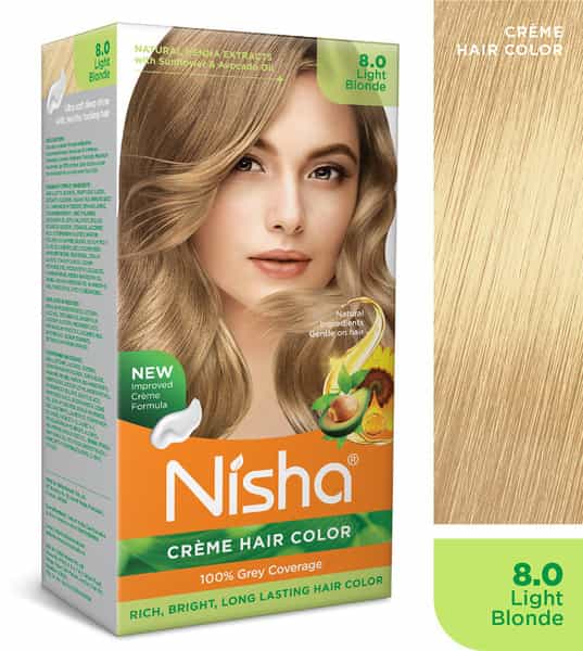 Nisha Creme Hair Color 8.0 Light Blonde (60Gm+90Ml+18Ml) Permanent Hair Colour With Henna Extract