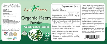 Ayur Champ -Organic Neem Powder | Neem Leaves Powder For Skin & Hair - Azadirachta Indica 200 G