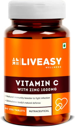 Liveasy Wellness Vitamin C (990mg) With Zinc (10mg) - Powerful Immunity Booster - 60 Veg Tablets