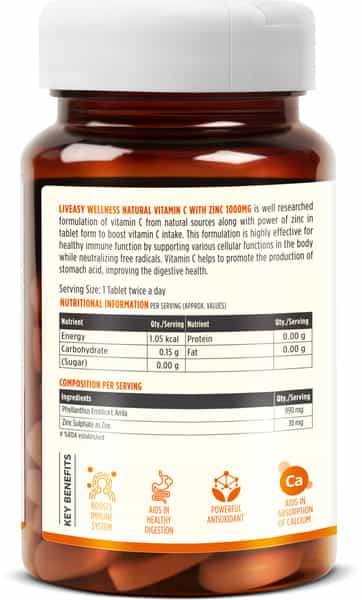 Liveasy Wellness Vitamin C (990Mg) With Zinc (10Mg) - Powerful Immunity Booster - 60 Veg Tablets