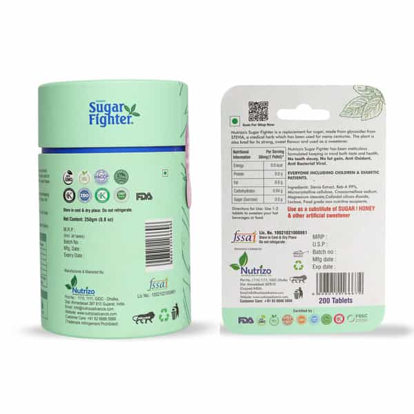 Sugar Fighter Stevia Powder Jar & Tablet - No Calories Natural Combo - 200 Grm Powder + 200 Tablets