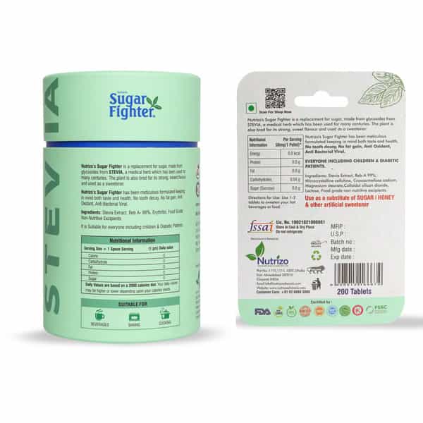 Sugar Fighter Stevia Powder Jar & Tablet - No Calories Natural Combo - 200 Grm Powder + 200 Tablets