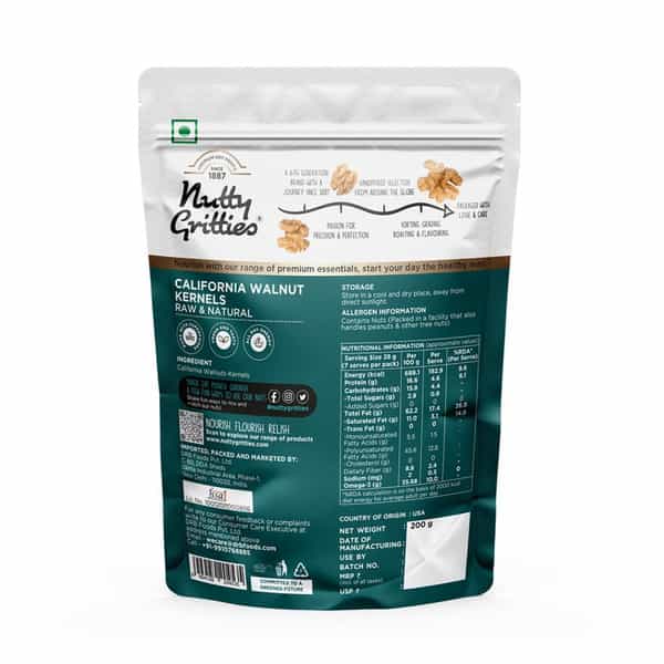Nutty Gritties California Walnut Kernels| Rich In Omega 3 - 200G