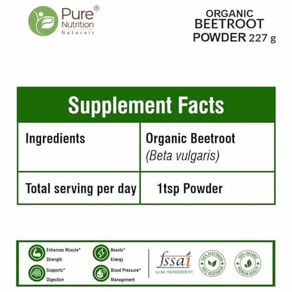 Pure Nutrition Organic Beetroot Powder For Eating | Drinking | Hair Care & Face Packs - 227G
