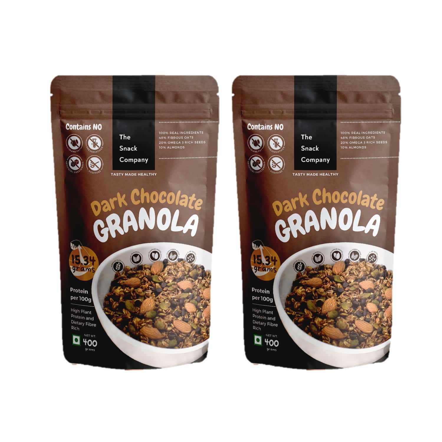 The Snack Company Dark Chocolate Granola | 48% Oats | 20% Omega3 Rich Seeds | 10% Almonds (2x400 G)