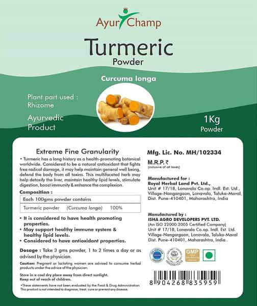 Ayur Champ - Pack Of 4 -Turmeric Powder | Haldi Rhizome Curcuma Longa Powder - 1 Kg