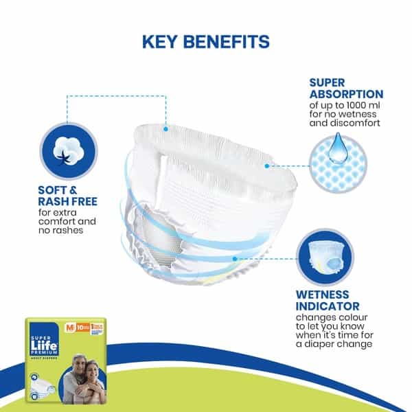 Super Liife Rash Free Adult Diapers Pants Style With Wetness -10 Count Medium
