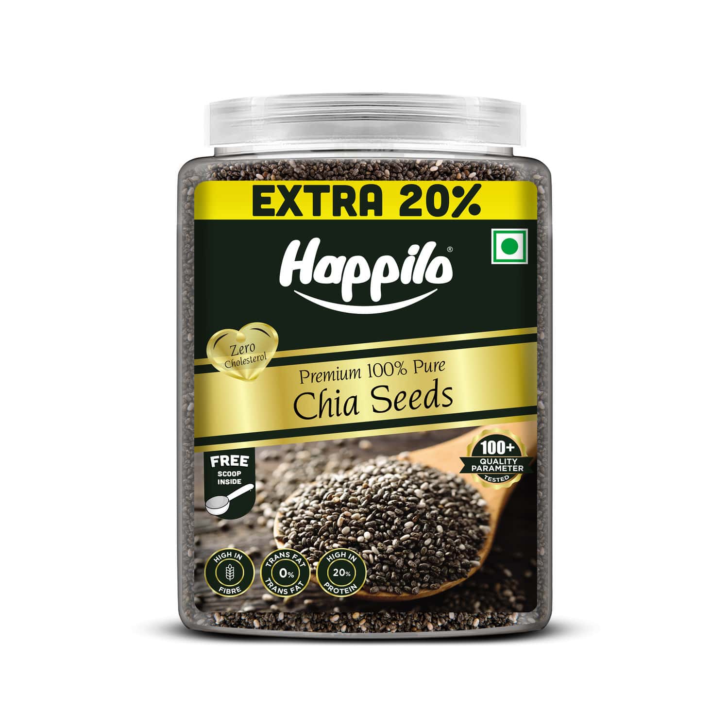 Happilo Premium Raw Authentic Chia Seeds Jar 1000g + 200g Free