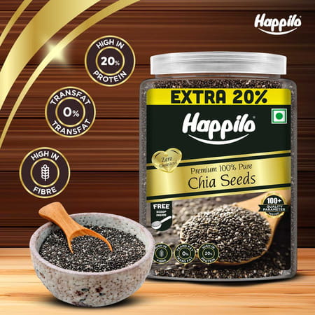 Happilo Premium Raw Authentic Chia Seeds Jar 1000g + 200g Free