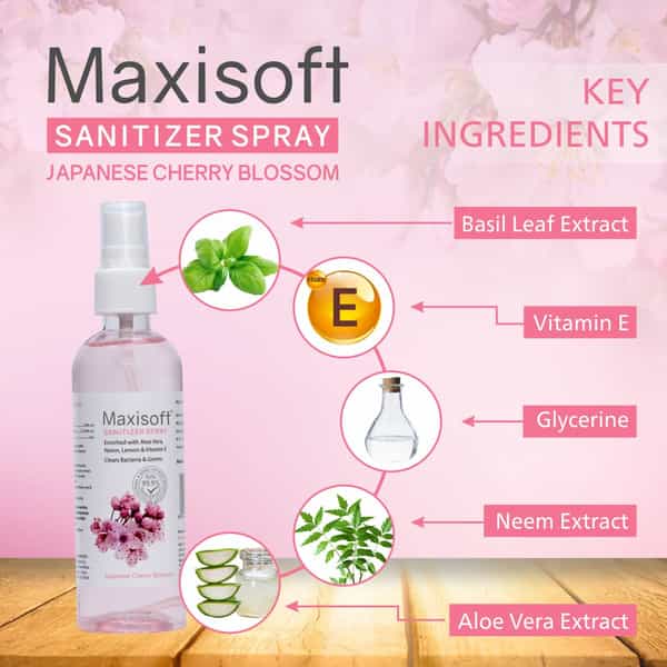Maxisoft Japanese Cherry Blossom Sanitizer Spray | Aloe Vera Neem & Vitamin E (120 Ml Pack Of 4)