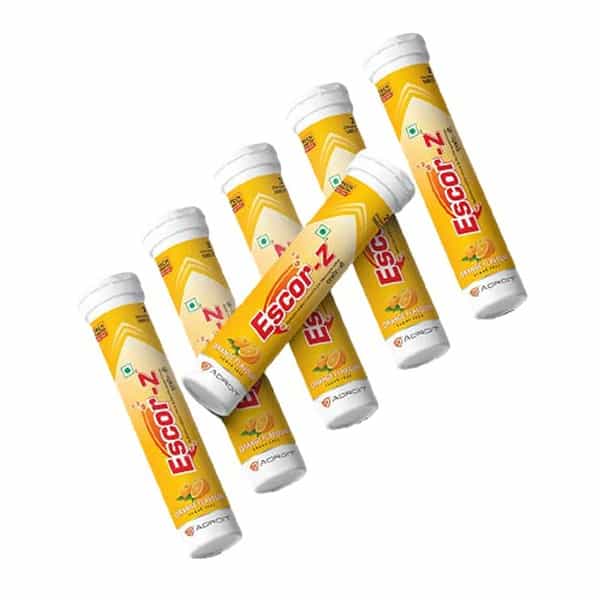 Escor Z Effervescent Tablets - Orange Flavor - Sugar-Free - 20 Tablets (Pack Of 6)