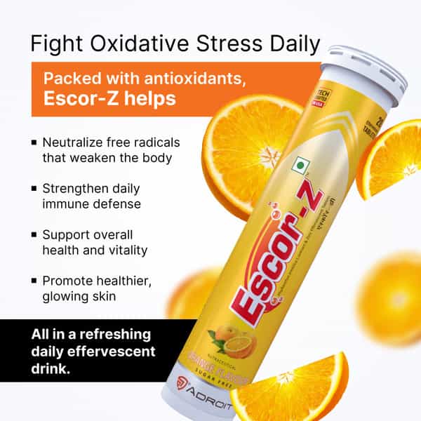 Escor Z Effervescent Tablets - Orange Flavor - Sugar-Free - 20 Tablets (Pack Of 6)